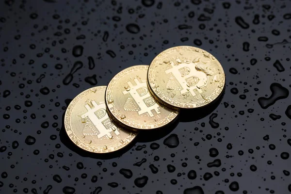 Trois Pièces Bitcoin Avec Des Gouttes Eau Sur Fond Sombre — Photo