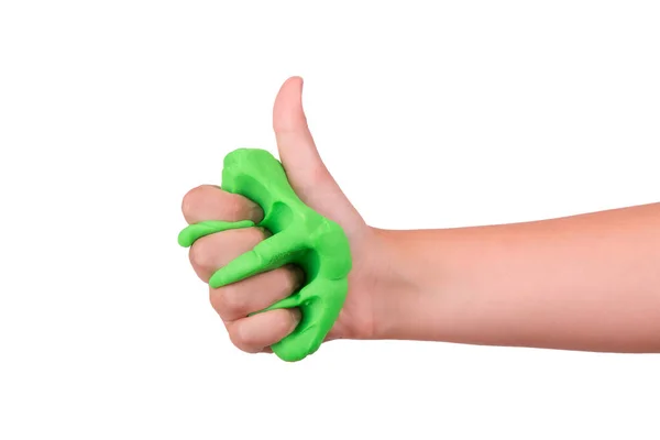 Jogo Lodo Verde Slime Mão Uma Criança — Fotografia de Stock