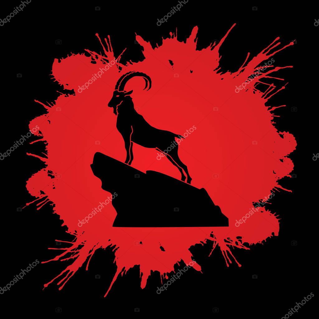 Ibex standing on the cliff designed on splash blood background graphic vector.