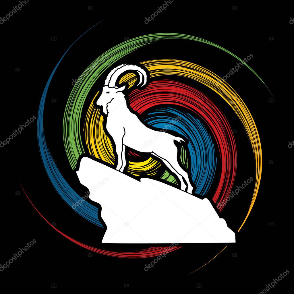 Ibex standing on the cliff designed on spin wheel background graphic vector.