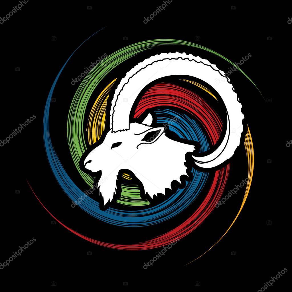 Ibex head with big horn designed on spin wheel background graphic vector.