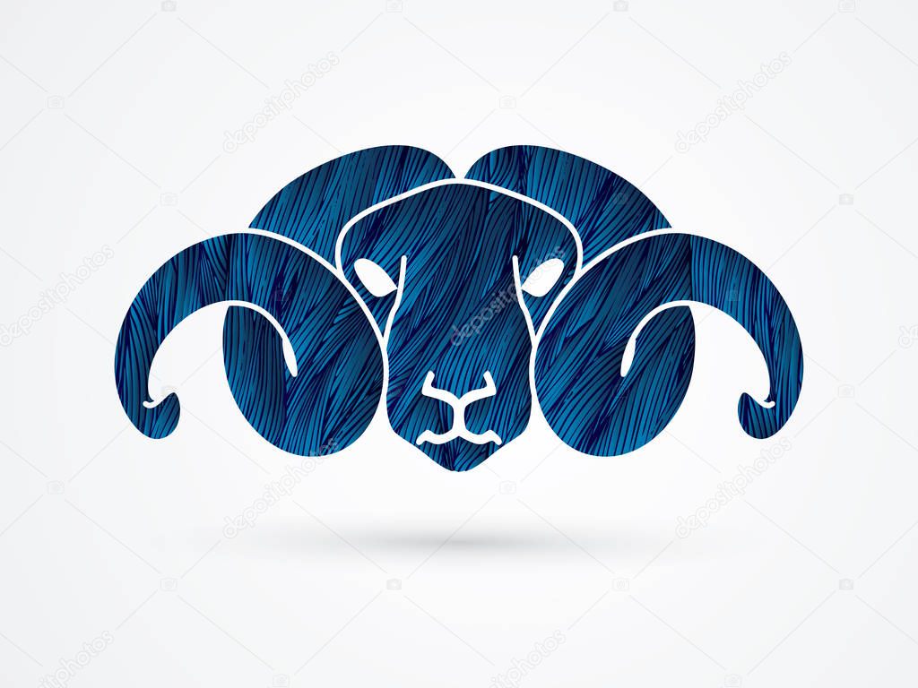 Sheep head with big horn designed using blue grunge brush graphic vector.