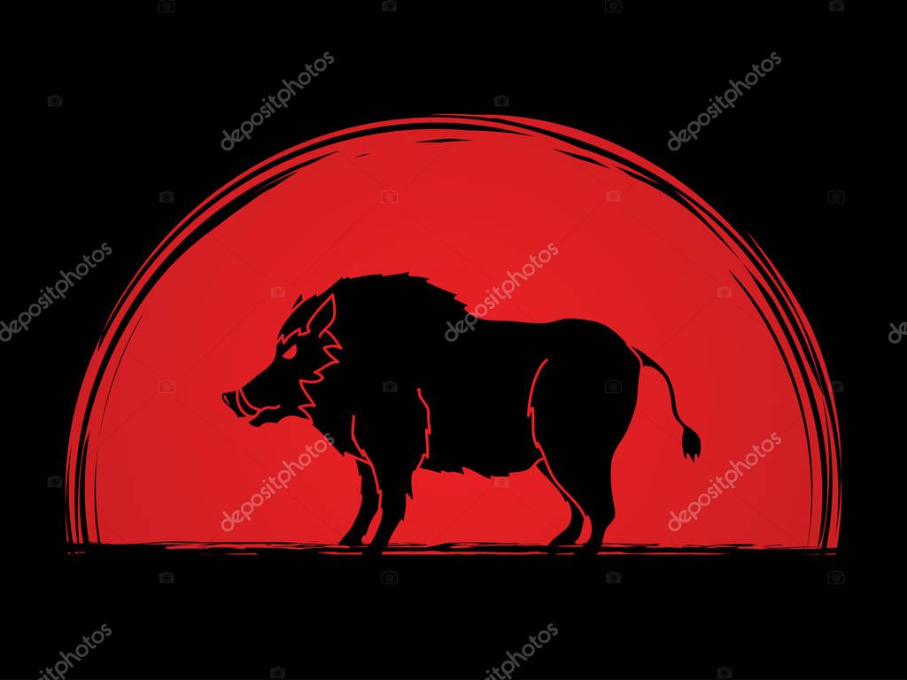 Boar, Wild Hog standing designed on sunset background graphic vector.