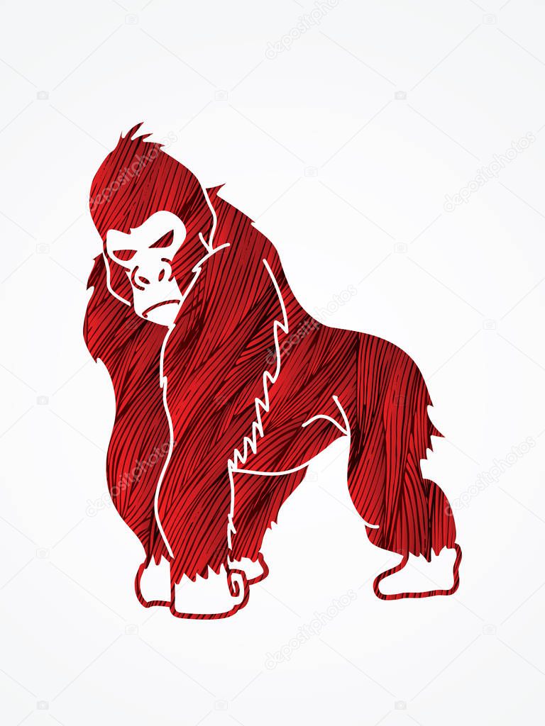 Gorilla standing designed using red grunge brush graphic vector.