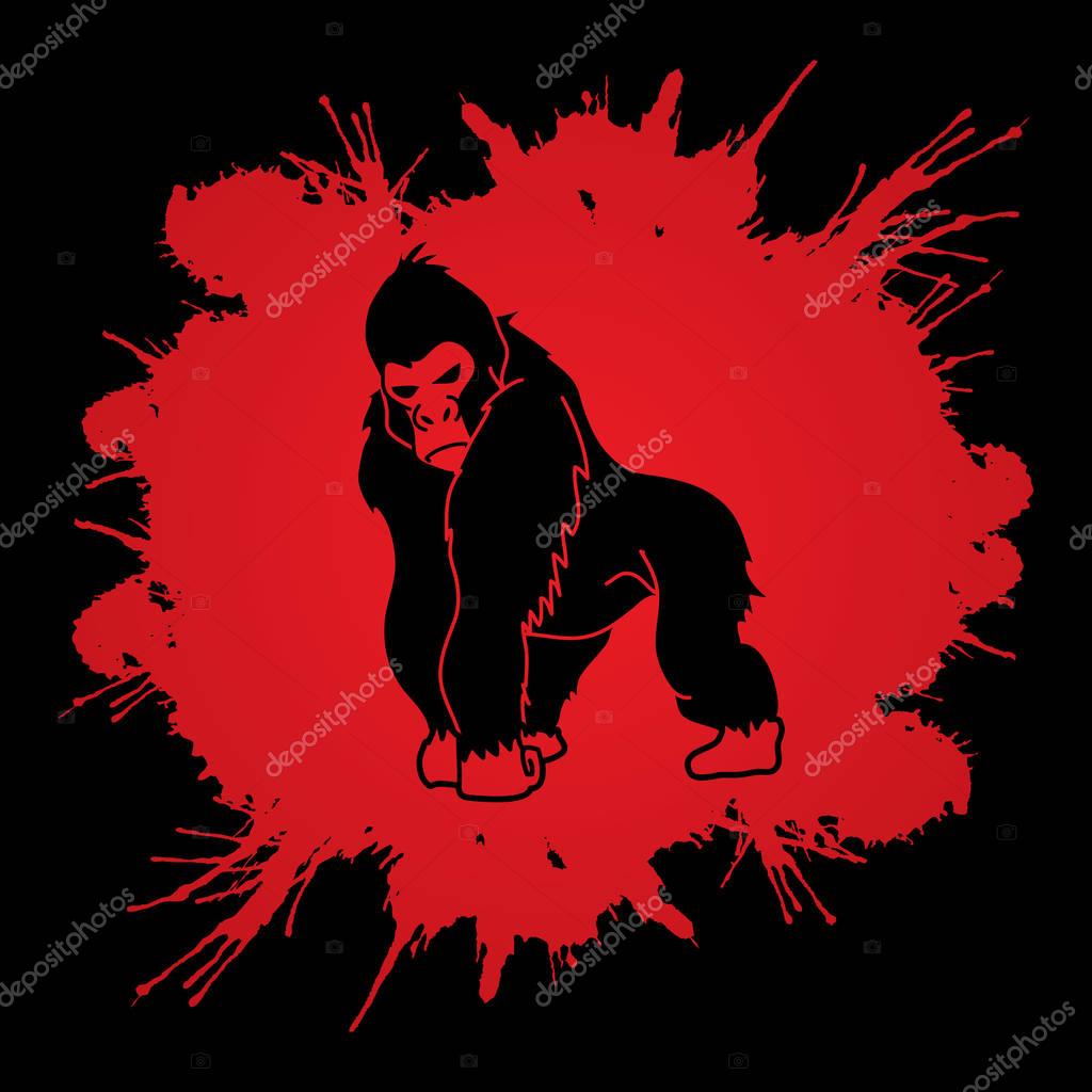 Gorilla standing designed on splatter blood background graphic vector.