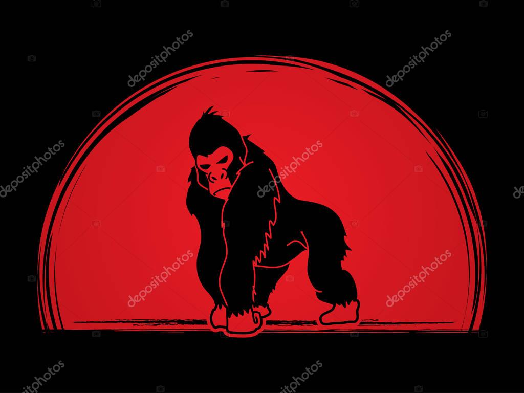 Gorilla standing designed on sunset background graphic vector.