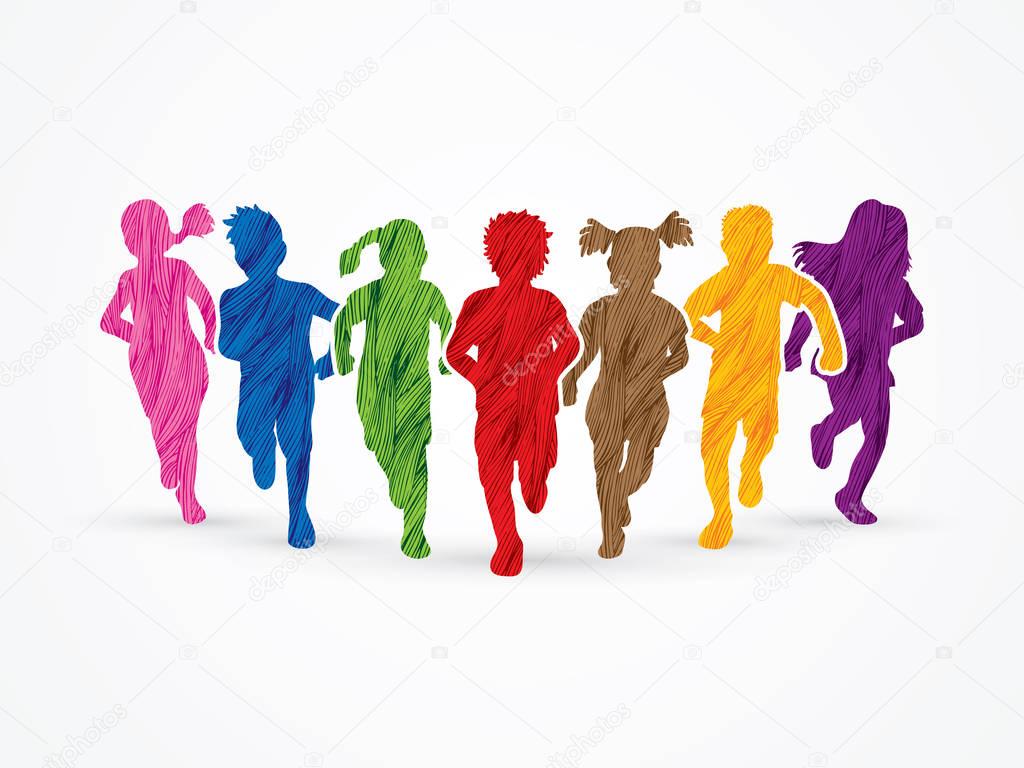 Group of children running designed using colorful grunge brush graphic vector