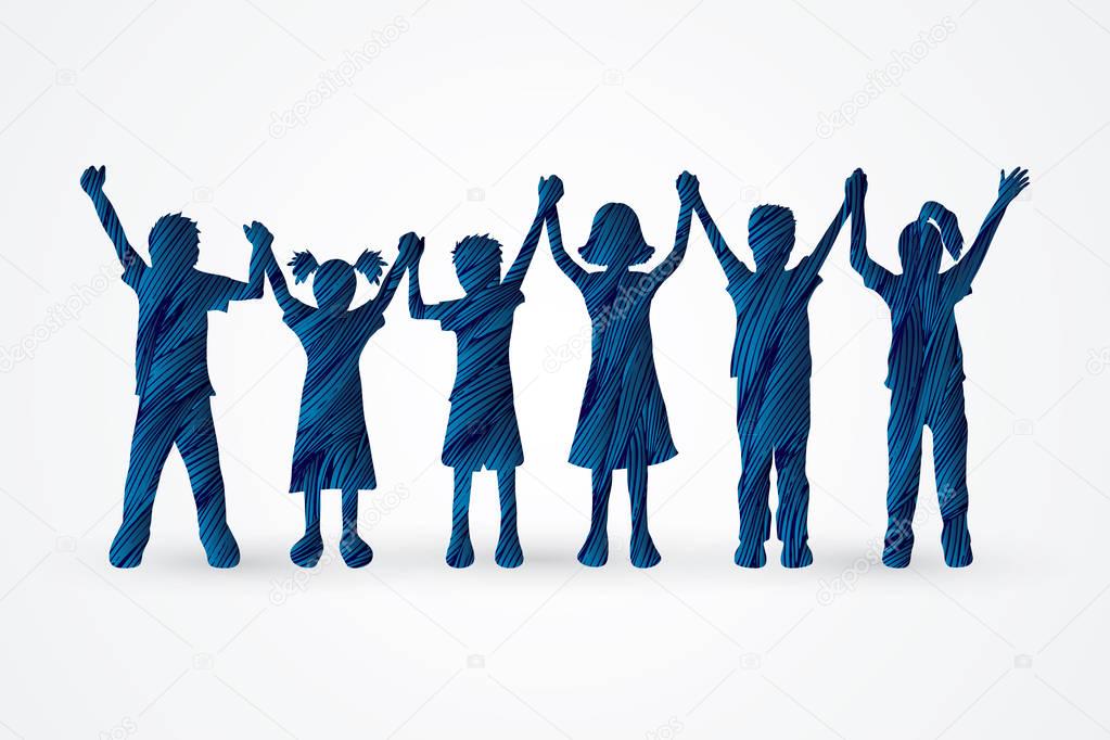 Group of children holding hands designed using grunge brush graphic vector.