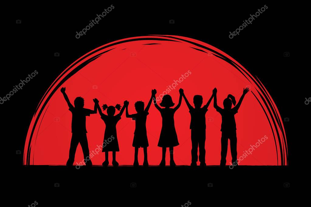 Group of children holding hands designed on sunlight background graphic vector.
