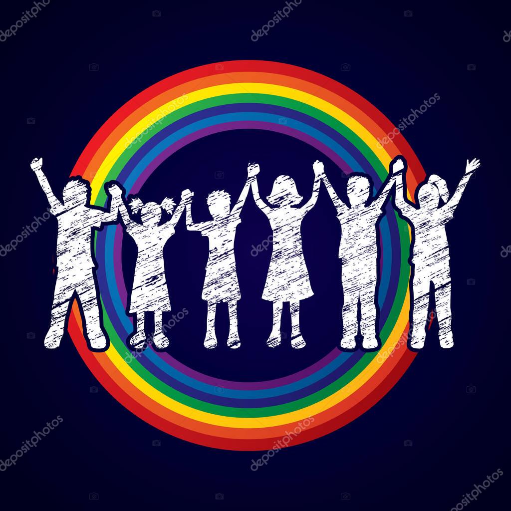 Group of children holding hands designed on line rainbows background graphic vector.