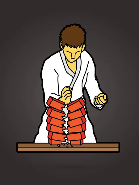 Karate man breaking bricks — Stock Vector