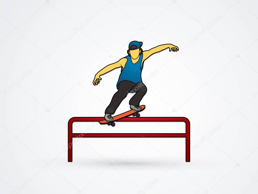 Skateboarder doing a grind on rail graphic vector.