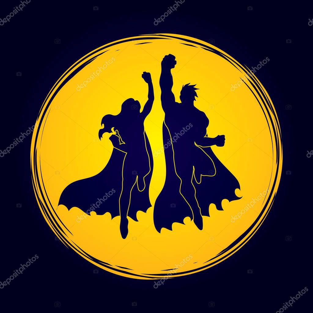 Superhero man and woman jumping designed on grunge circle background graphic vector.
