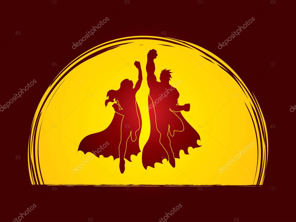 Superhero man and woman jumping designed on moonlight background graphic vector.