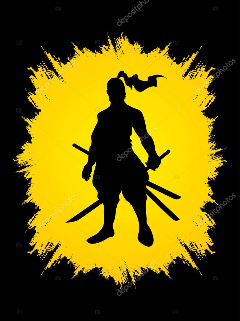 Samurai warrior standing ready to fight designed on grunge frame background graphic vector.