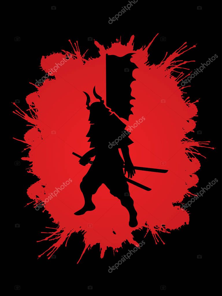 Samurai warrior standing ready to fight designed on splatter blood background graphic vector.