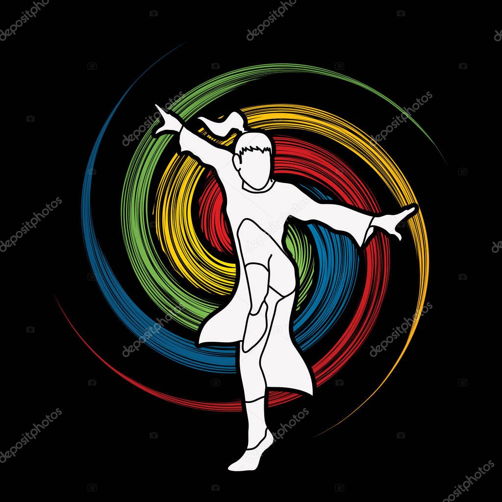 Kung Fu fighting action designed on spin wheel background graphic vector.