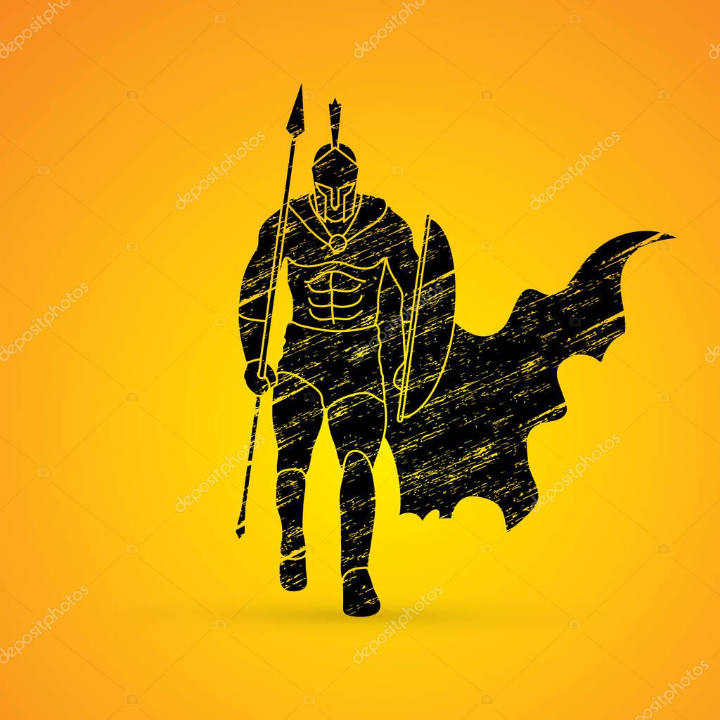 Spartan Warrior with a spear walking designed using grunge brush graphic vector