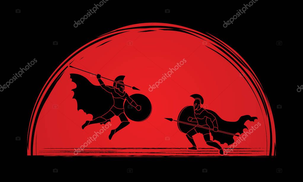 Spartan Warrior fighting with a spear designed on sunset background graphic vector.