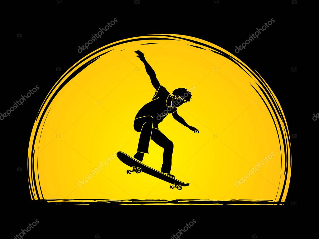 Skateboarder jumping designed on moonlight backgroud graphic vector