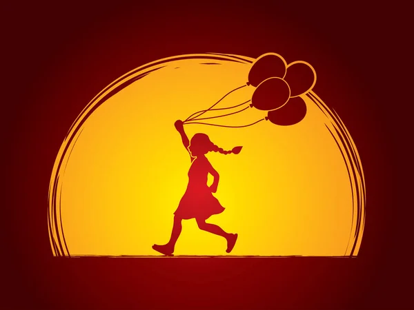Маленька дівчинка біжить з повітряними кулями — стоковий вектор