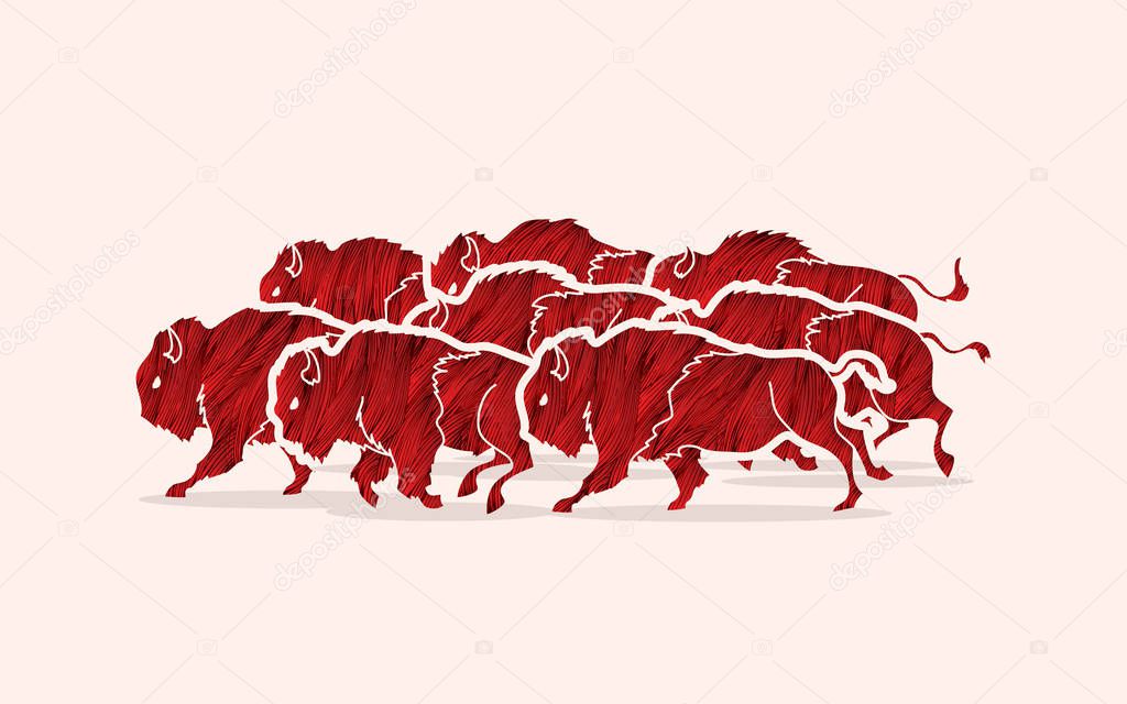 Group of buffalo running graphic vector