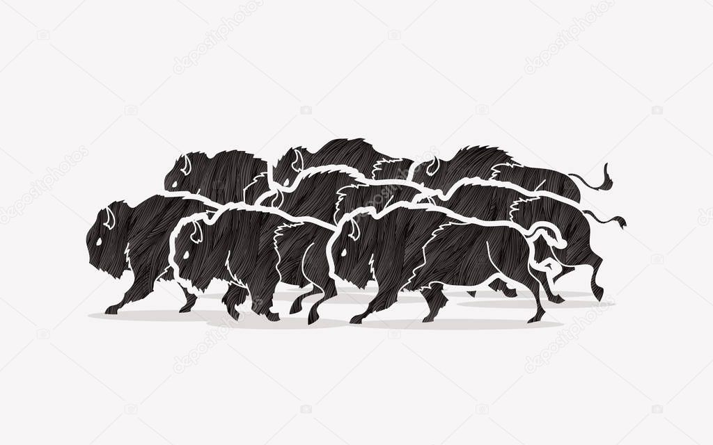 Group of buffalo running graphic vector