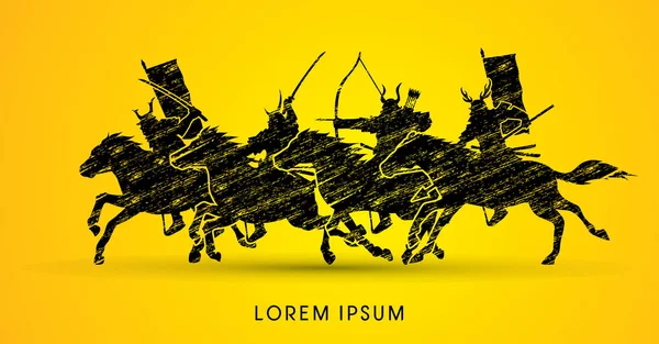 Samurai Guerreros Cabalgando Caballos — Vector de stock