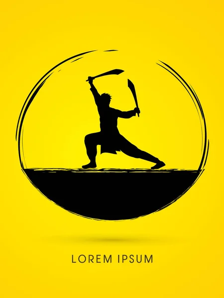 Kung Fu, Wushu με ξίφη πόζα — Διανυσματικό Αρχείο