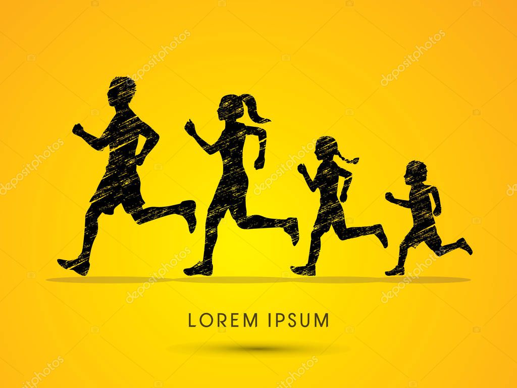 Family running silhouettes graphic vector