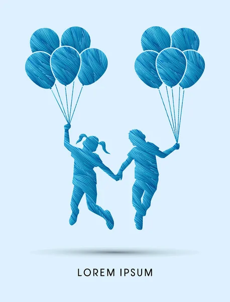 Niño y niña saltando con globos — Vector de stock