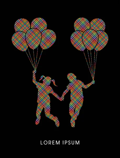 Kleine jongen en meisje springen met ballonnen — Stockvector