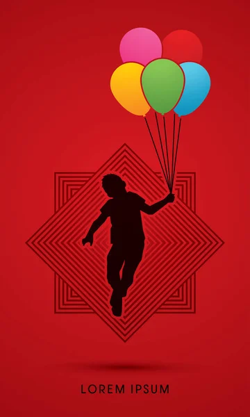 Liten pojke hoppning med ballonger — Stock vektor