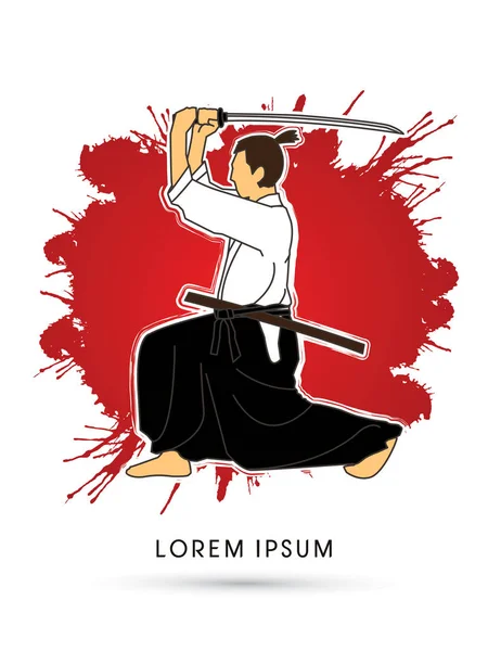 Samurai med katana svärd, Aikido åtgärd — Stock vektor