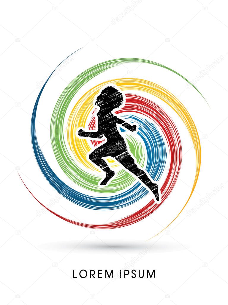 Children, Little Boy running designed using grunge brush on colorful spin circle background graphic vector.
