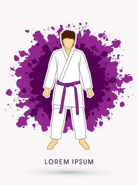 Traje de karate con cinturones de artes marciales violetas — Vector de stock