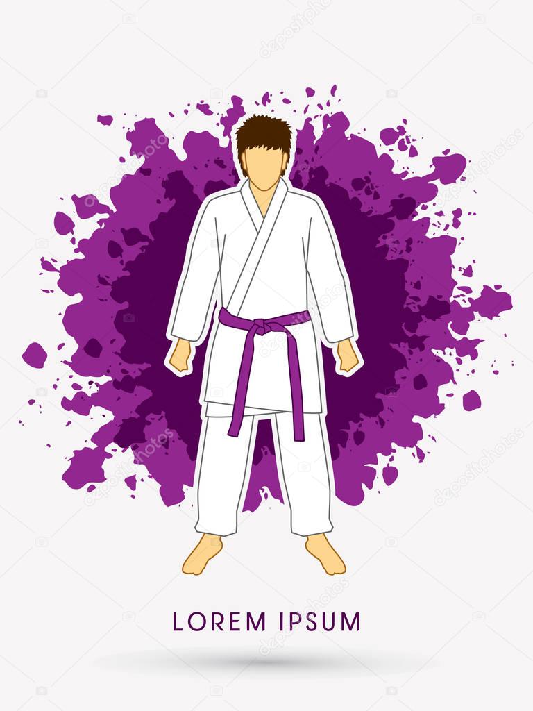 Karate suit with violet martial arts belts on grunge splash background graphic vector.