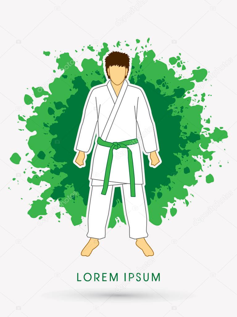 Karate suit with green martial arts belts on grunge splash background graphic vector.