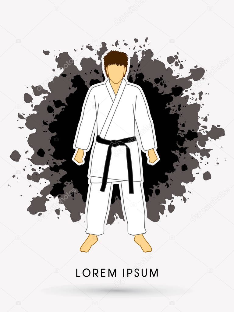 Karate suit with black martial arts belts on grunge splash background graphic vector.