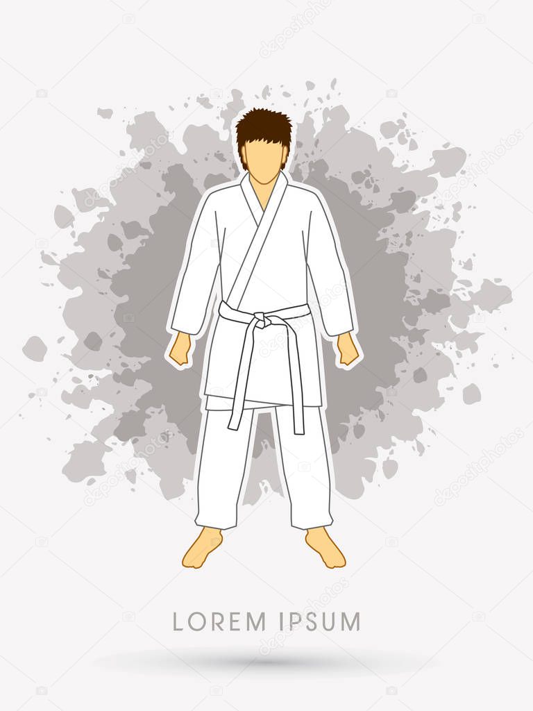 Karate suit with white martial arts belts on grunge splash background graphic vector.