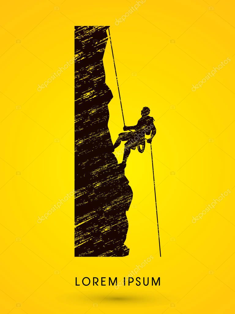 Silhouette Man climbing on a cliff, designed using grunge brush  graphic vector.