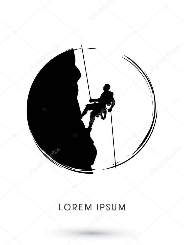 Silhouette Man climbing on a cliff, designed using grunge brush graphic vector.