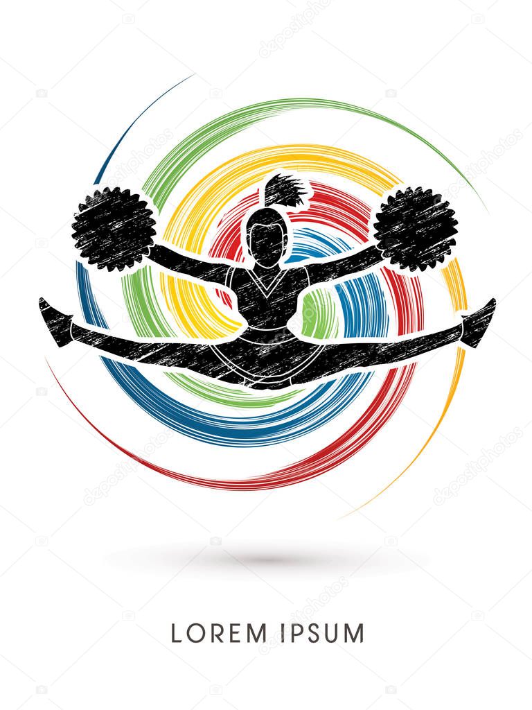 Cheerleader jumping designed using grunge brush on spin circle background graphic vector