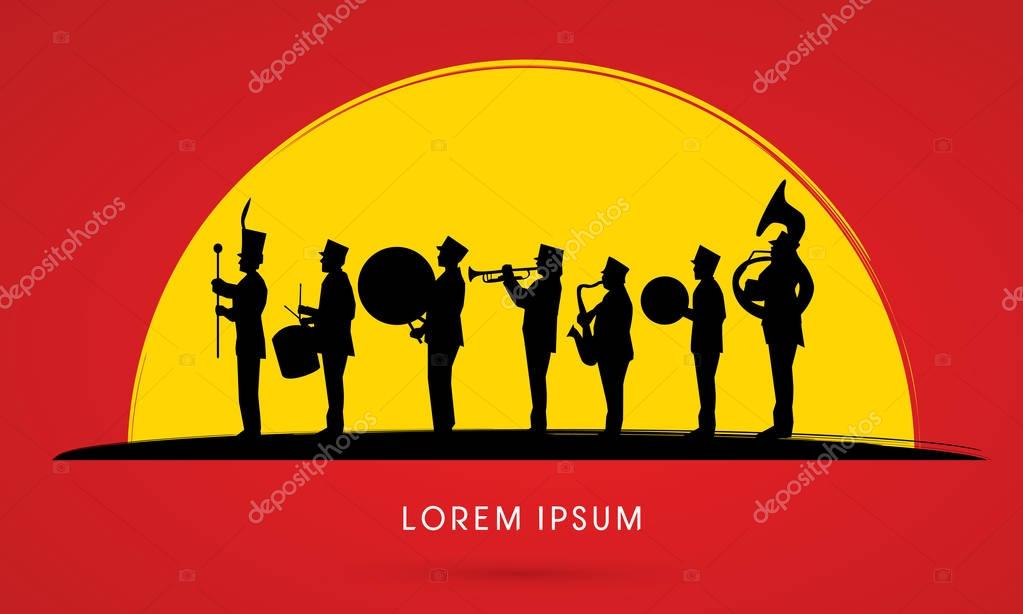 Silhouette Marching Band, parade, graphic vector.