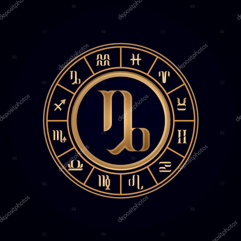 Capricorn Luxury 12 Zodiac wheel cycle sign designed using gold line color on dark blue background logo symbol icon graphic vector.