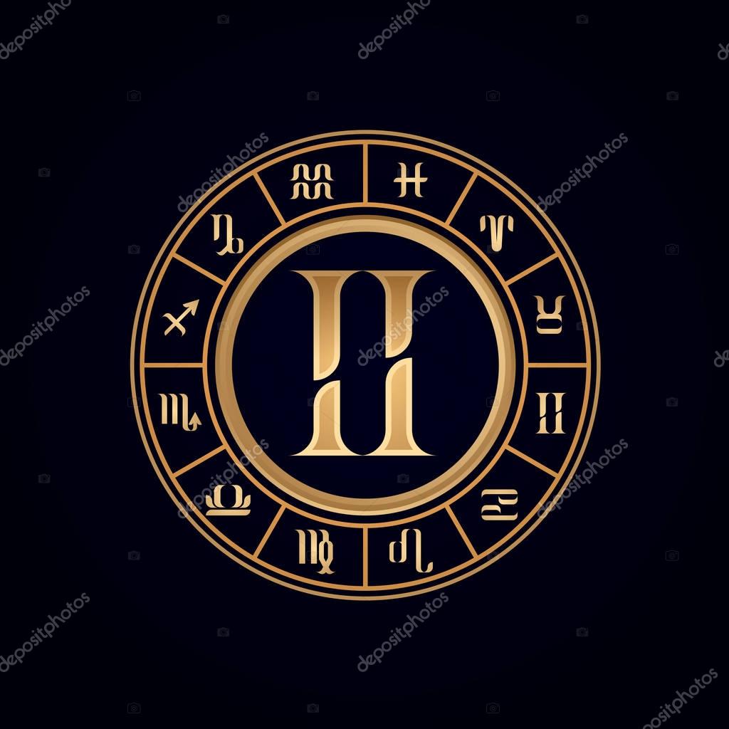 Gemini Luxury 12 Zodiac wheel cycle sign designed using gold line color on dark blue background logo symbol icon graphic vector.