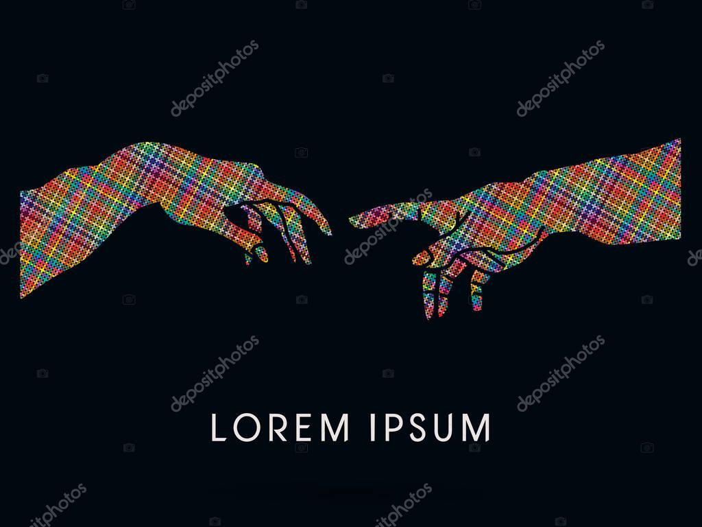 Silhouette, God and Adam's hands, graphic vector.