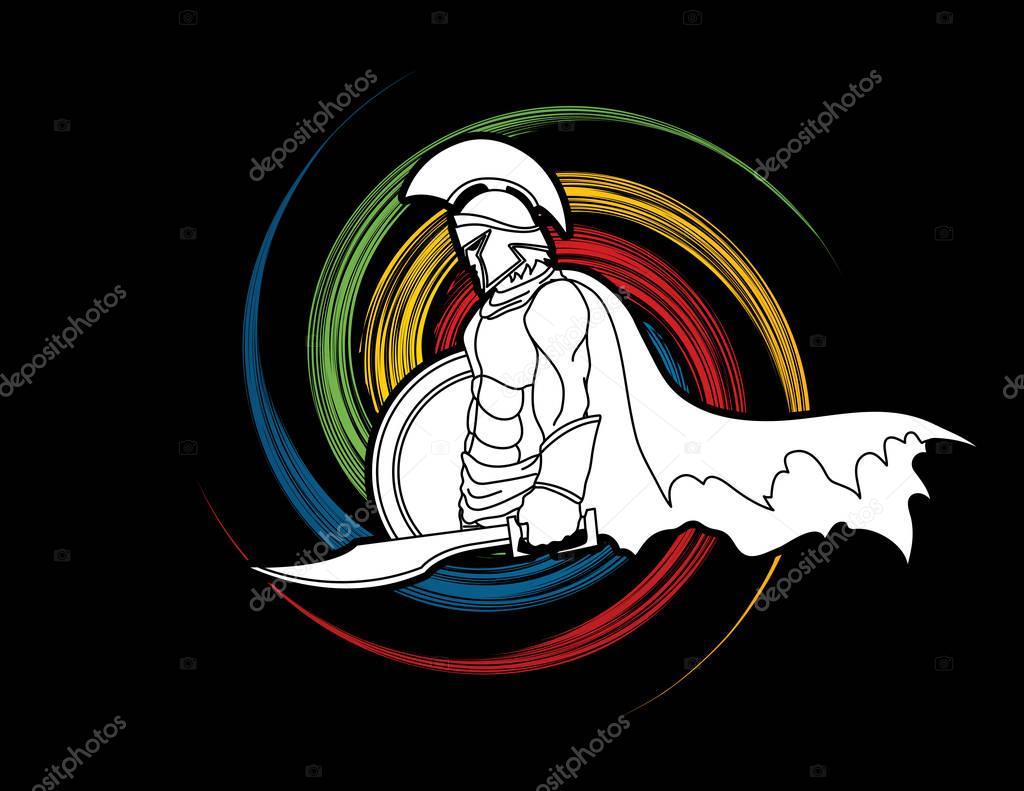 Spartan warrior with sword and shield designed on spin wheel graphic vector.