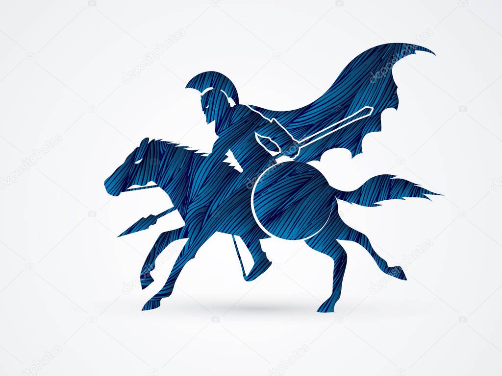 Spartan warrior riders with a spear ready to fight designed using blue grunge brush graphic vector.
