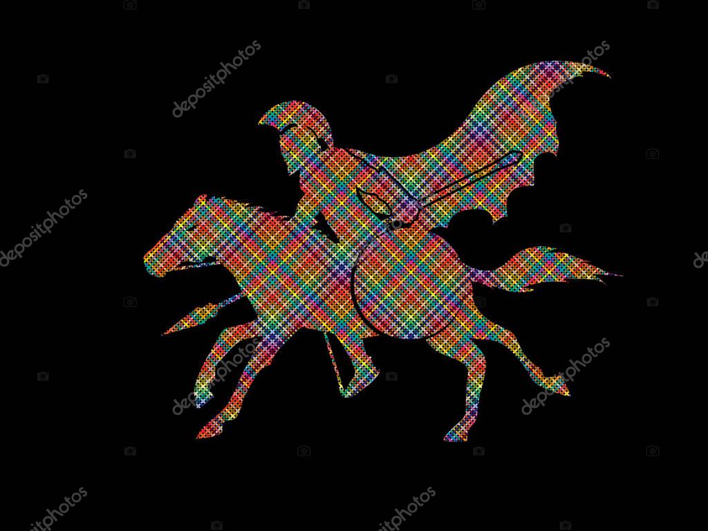 Spartan warrior riders with a spear ready to fight designed using colorful pixels graphic vector